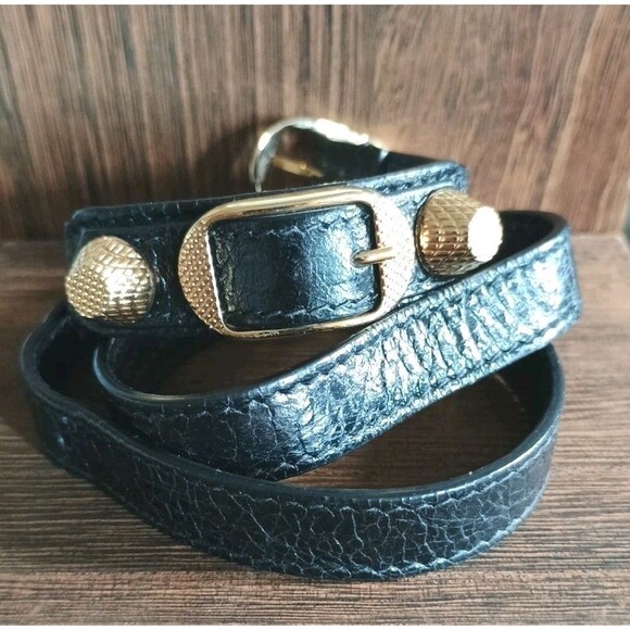 Balenciaga Arena Black Leather Gold Tone Hardware Wrap Bracelet - Picture 1 of 8